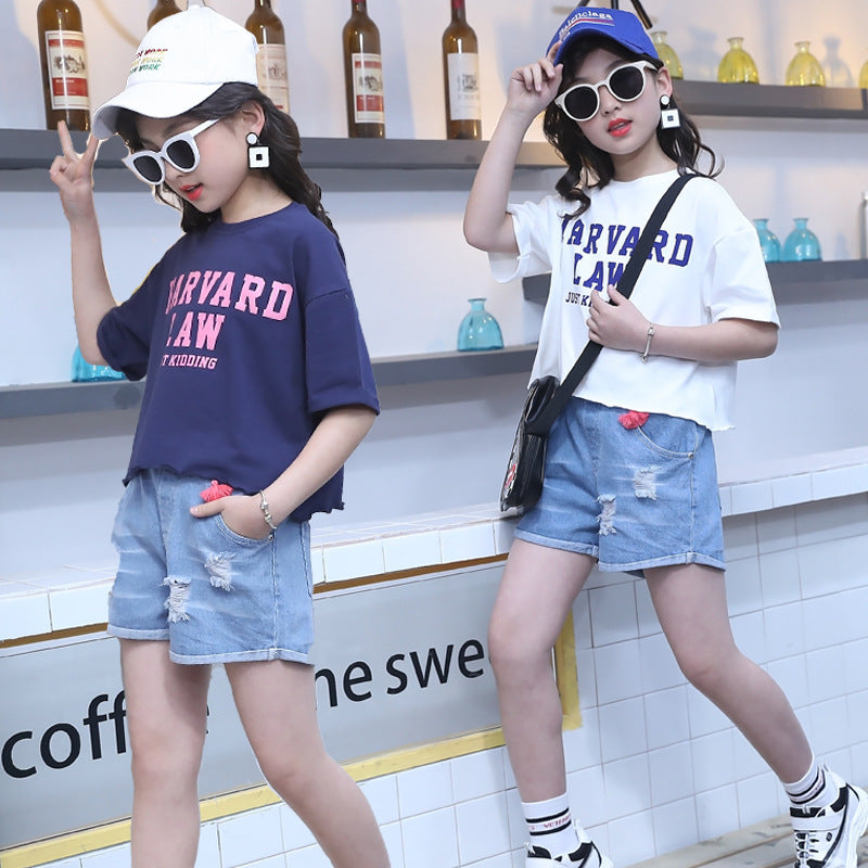 F24031013女童2024跨國夏裝套裝新款童裝中大童短袖T卹短褲兩件套休閒夏季