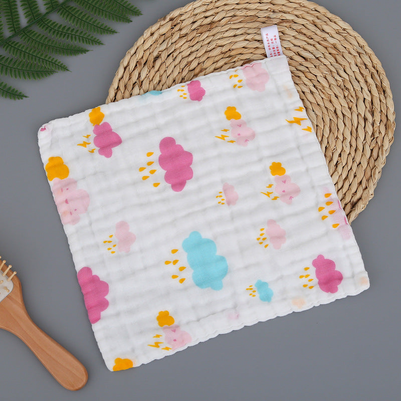 Z25040104純棉方巾六層口水巾高密兒童全棉小毛巾褶皺印花手帕紗布擦手巾