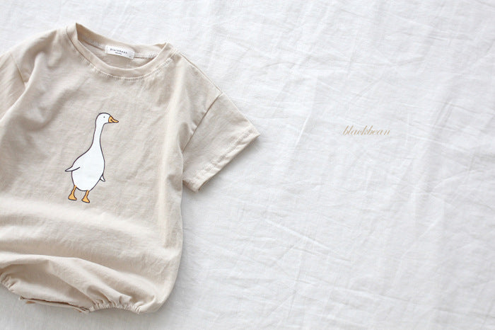 GB23080325夏款韓國嬰兒短袖爬服包屁T卹簡約卡通鵝子連體哈衣