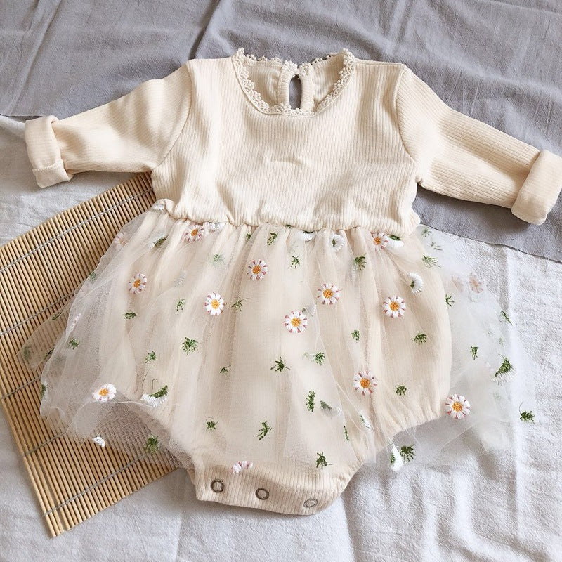 GB24011121韓版寶寶幼童春秋針織網紗公主蓬蓬裙三角哈衣爬服包屁衣