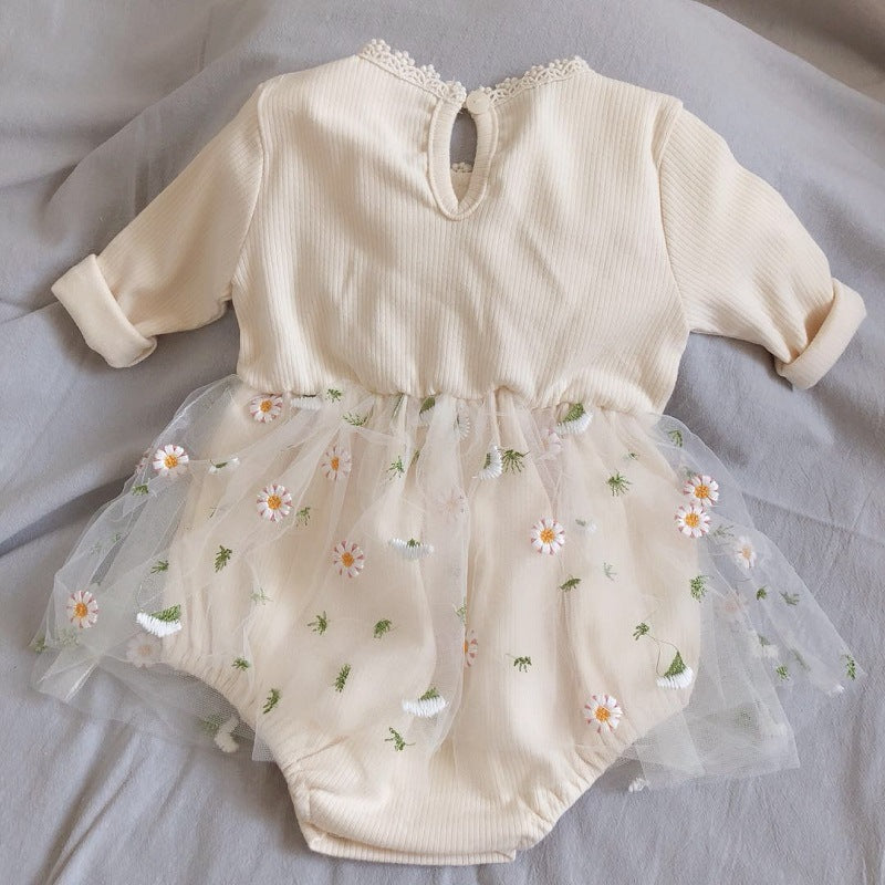 GB24011121韓版寶寶幼童春秋針織網紗公主蓬蓬裙三角哈衣爬服包屁衣