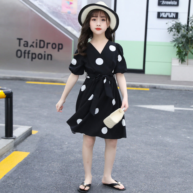 F23062221女童連衣裙短袖學院風2023夏季新款中大童運動公主裙子