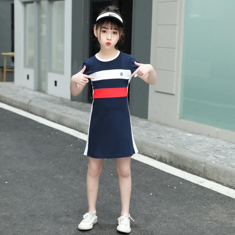 F23062221女童連衣裙短袖學院風2023夏季新款中大童運動公主裙子