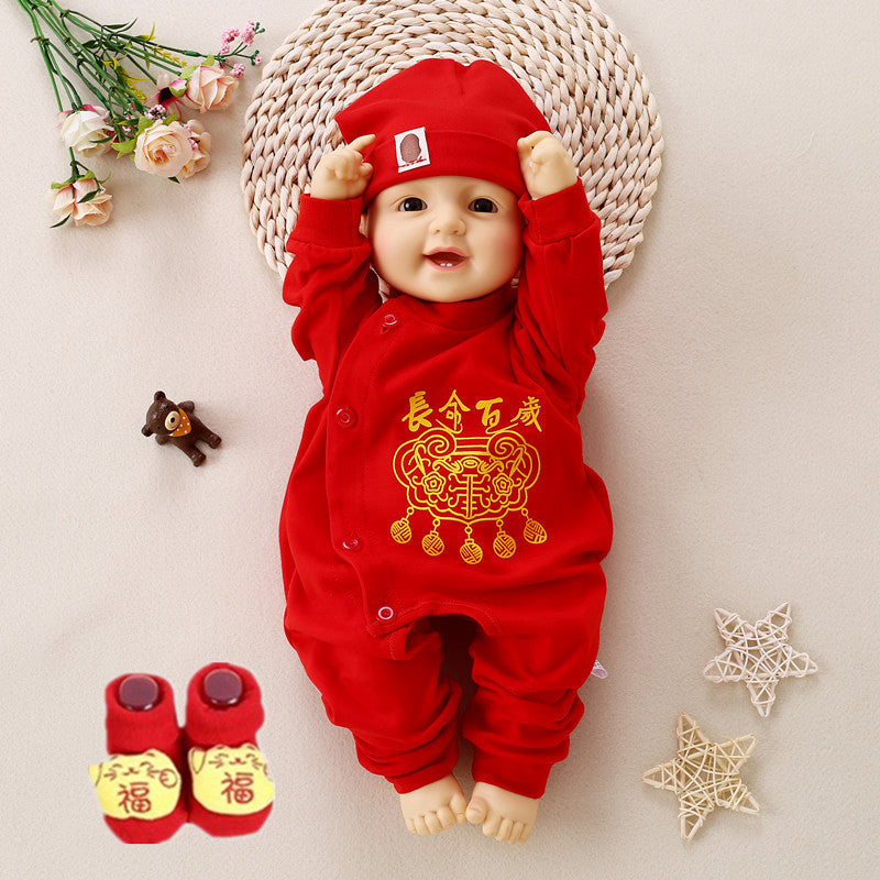 Z23121403慶生百天滿月嬰幼兒寶寶紅色喜慶新款潮流時尚0-1歲服飾新年服(9-12天到貨)(尺碼如遇缺貨可再詢問是否己補足)