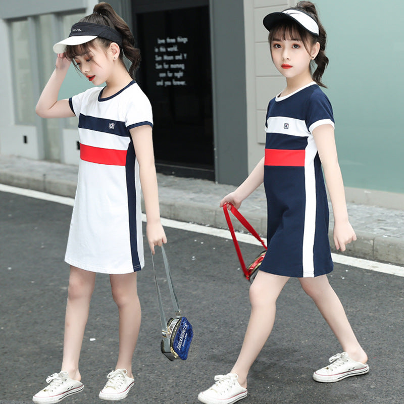 F23062221女童連衣裙短袖學院風2023夏季新款中大童運動公主裙子