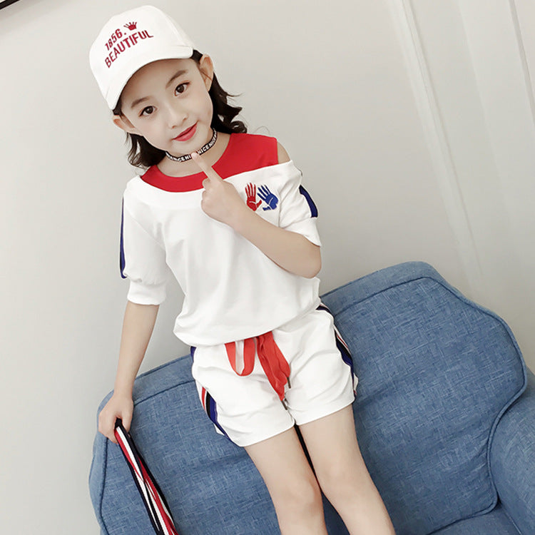 FA23072014女童夏裝2023新款套裝童裝兒童網紅中大童卡通短袖短褲運動兩件套