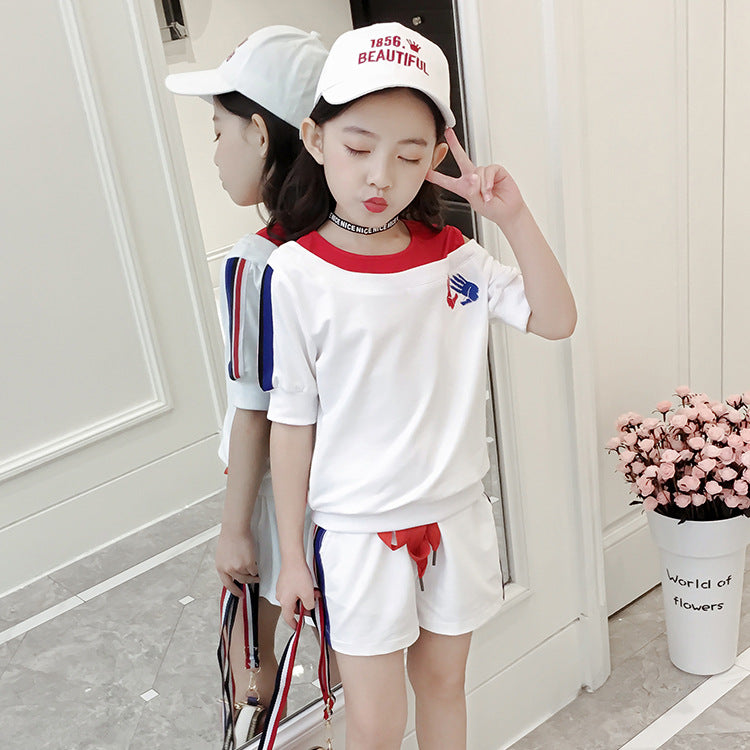 FA23072014女童夏裝2023新款套裝童裝兒童網紅中大童卡通短袖短褲運動兩件套