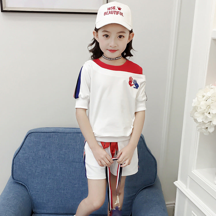 FA23072014女童夏裝2023新款套裝童裝兒童網紅中大童卡通短袖短褲運動兩件套