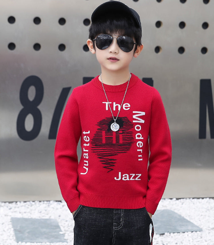 F23090711男童春秋毛衣2023新款韓版中大童打底衫男孩圓領毛衫牛仔兩件套潮