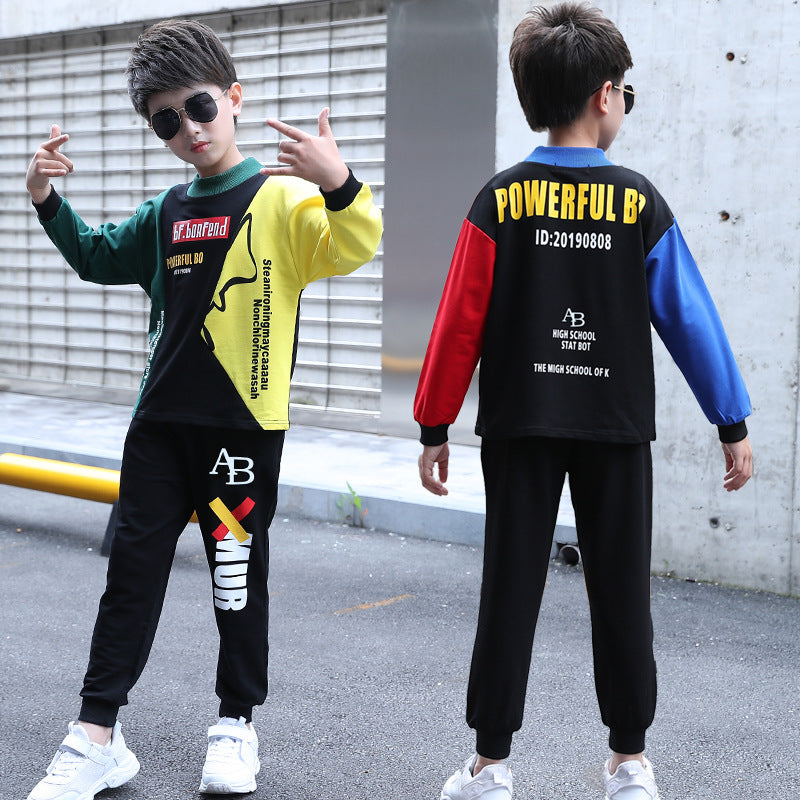 F23090710童裝長袖男童春秋裝新款2023網紅兩件套寬鬆中大童套裝運動潮