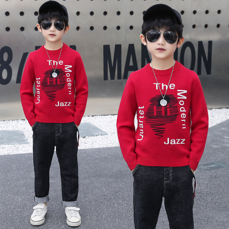 F23090711男童春秋毛衣2023新款韓版中大童打底衫男孩圓領毛衫牛仔兩件套潮