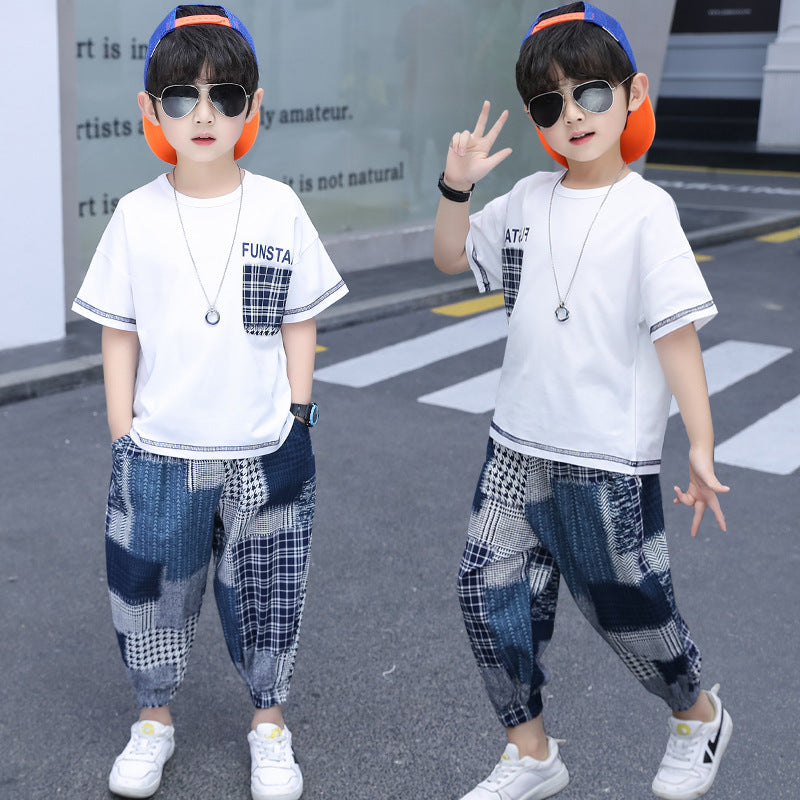 F23050219男童套裝2023夏裝新款寬鬆九分薄款防蚊褲兩件套-中大童