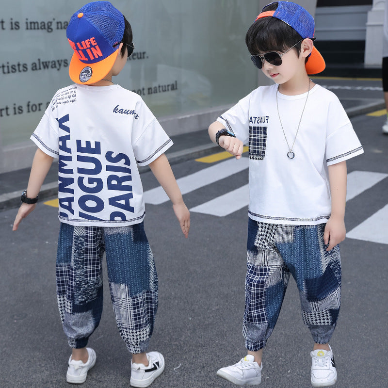 F23050219男童套裝2023夏裝新款寬鬆九分薄款防蚊褲兩件套-中大童