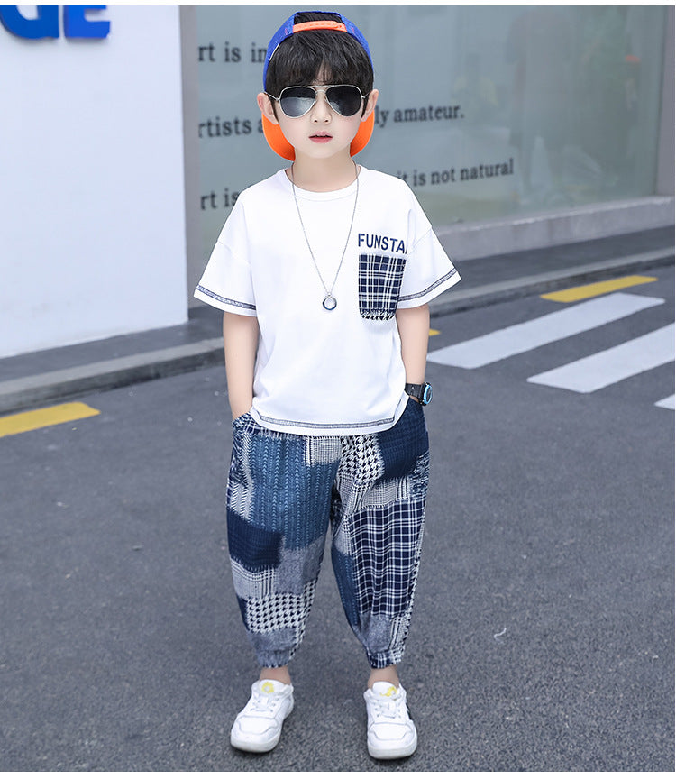 F23050219男童套裝2023夏裝新款寬鬆九分薄款防蚊褲兩件套-中大童