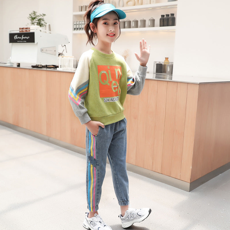 FA23100507童裝2023新女童春秋裝韓版中大童運動套裝衛衣牛仔褲網紅兩件套