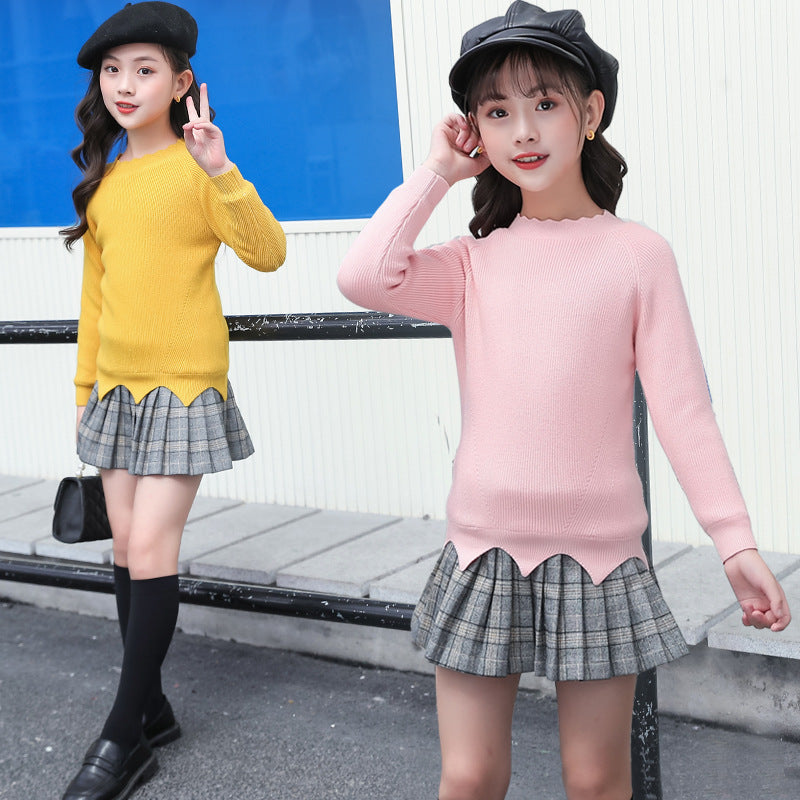 FA23100509女童套裝春秋新款跨境休閒衛衣牛仔拼接兩件套中大童女孩潮