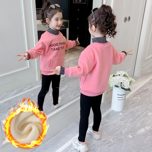 FC23120706女童秋冬裝加絨衛衣高領兒童春秋加厚上衣2023新韓版潮大童洋氣(9-12天到貨)