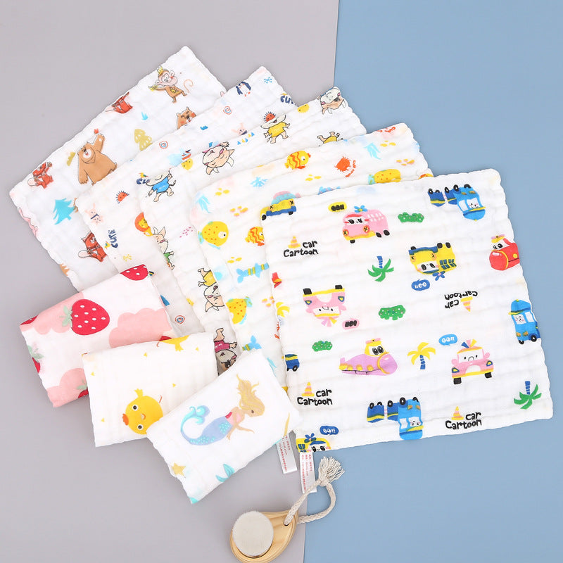 Z25040104純棉方巾六層口水巾高密兒童全棉小毛巾褶皺印花手帕紗布擦手巾