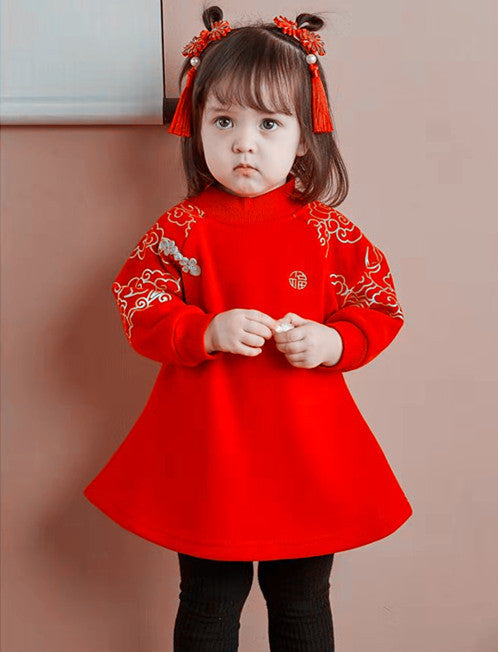 Z25010110寶寶衛衣加絨兒童冬季新年上衣女童紅色喜慶過年服嬰兒加厚上衣潮