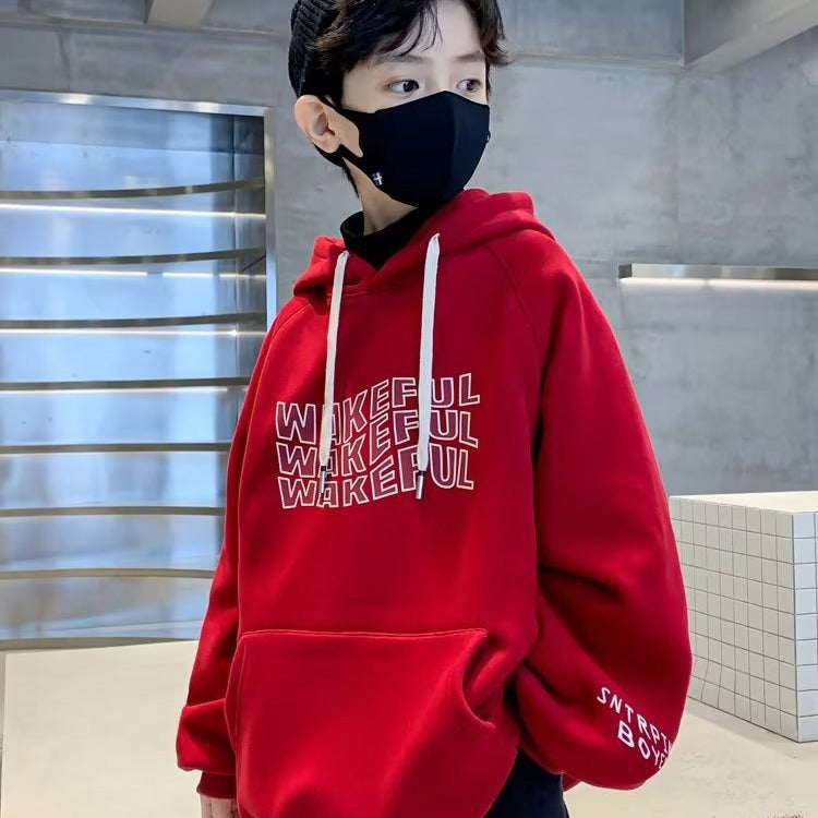 FD24010421男童紅色衛衣加絨加厚冬季中大兒童裝秋冬款龍年連帽拜年服上衣潮