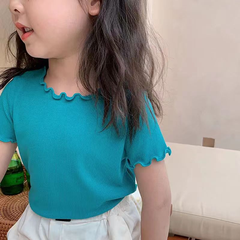 CA23072728新款女童木耳邊夏裝寶寶洋氣打底衫短袖冰絲圓領T恤兒童上衣