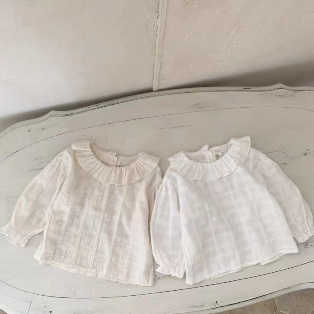 GB23091427韓版ins襯衫+背帶組合童裝嬰幼兒男女寶寶荷葉領上衣碎花背帶哈裙