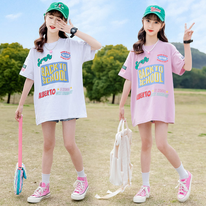 FE24070104女童夏裝短袖T2024年T恤新韓版洋氣中大童夏季網紅半袖上衣潮(9-12天到貨)