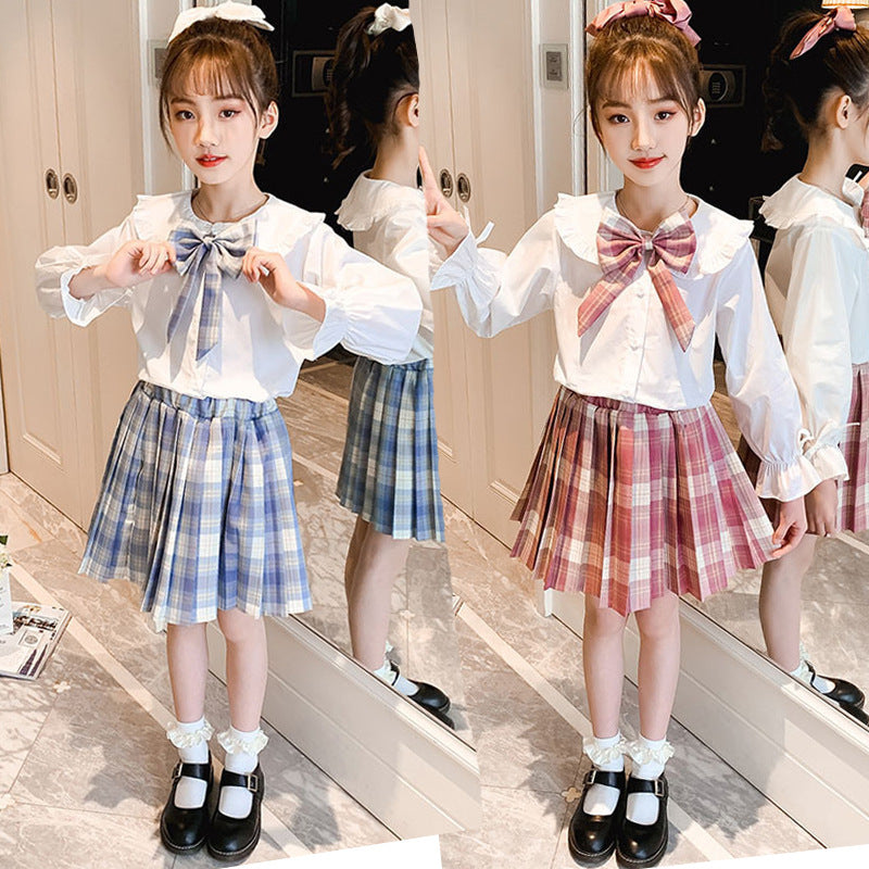 F23090713女童JK套裝春裝2023新款兒童學院風百褶裙中大童蝴蝶結兩件套