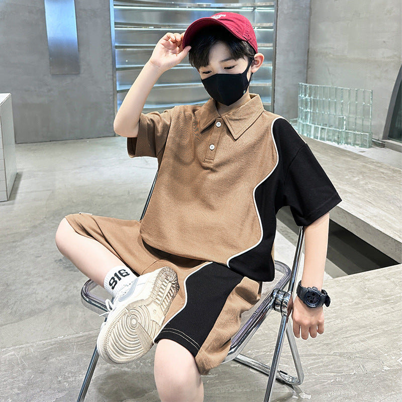 🎈精品童裝🎈FH25062701男童套裝夏季中大童夏裝男孩個性拼接短袖休閒運動兩件套