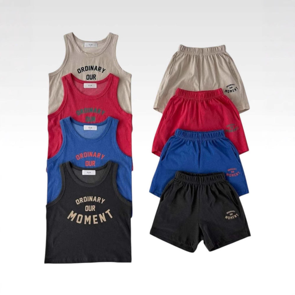 Z25040125歐美跨國童裝兒童字母背心套裝無袖t恤印花圓領男女童夏天兄妹裝