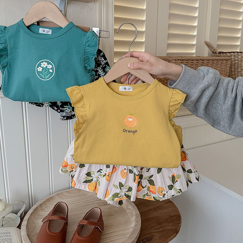 J24022901歐美風女童短袖套裝夏季新品童裝批發女幼童蝴蝶印花T恤兩件套