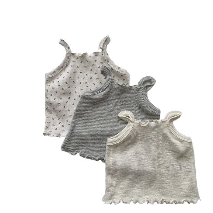 GF25061710ins韓版嬰童寶寶夏季純棉坑條木耳邊背心上衣短褲套裝高彈外出服