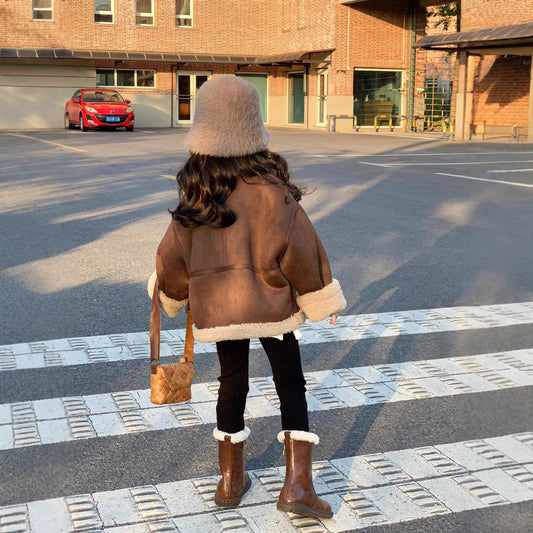 CG25103011冬季女孩休閒寬鬆加厚保暖加絨皮大衣翻領皮毛一體皮絨裙子