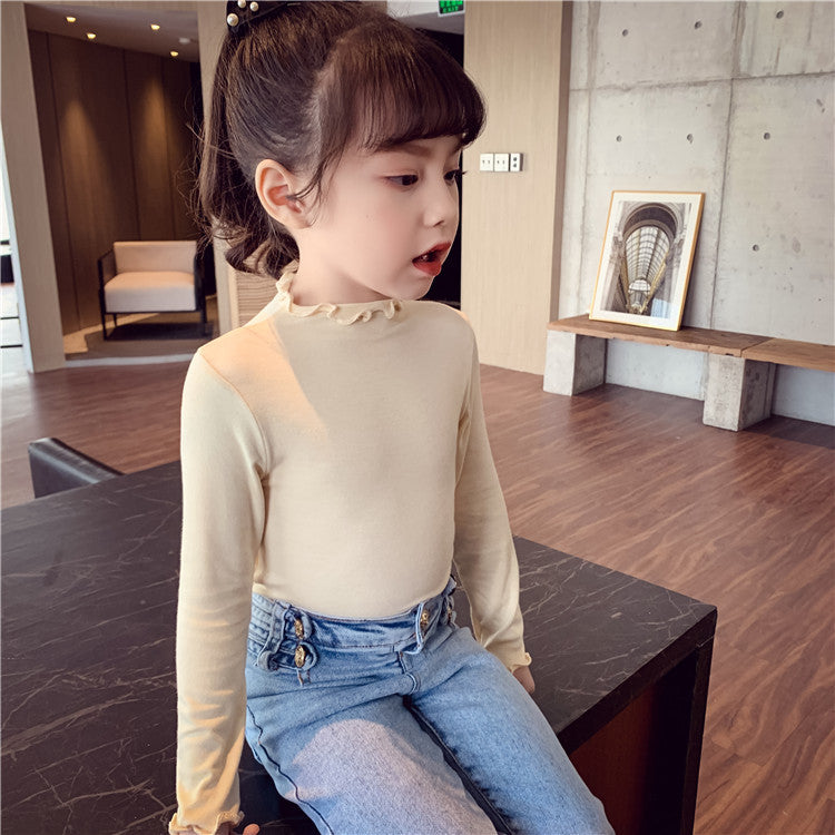 CA23101807女童打底衫新款兒童內搭洋氣蕾絲純色長袖T恤春秋小女孩上衣
