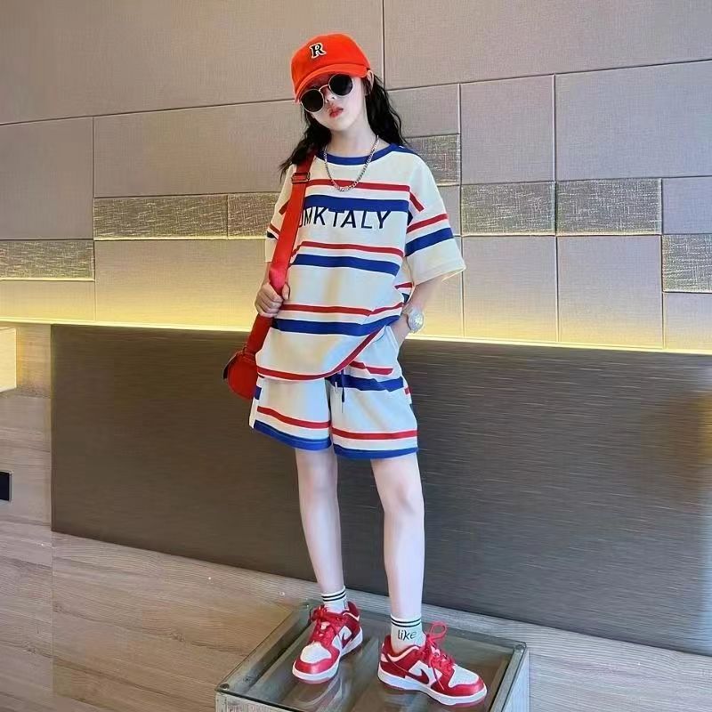 FG25053004女童夏季潮流套裝2025新兒童短袖套裝藍白條紋套裝