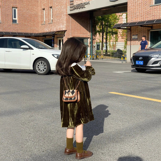 CG25103001韓國童裝女童秋款復古公主領墨綠金絲絨公主裙