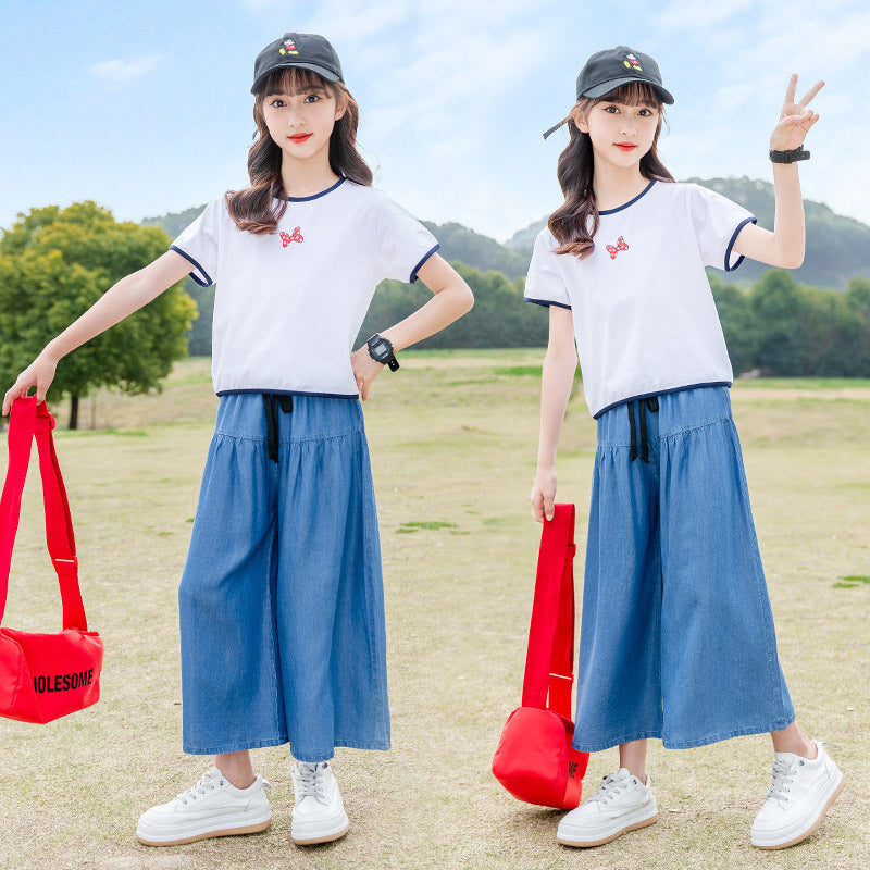 FE24070103女童夏裝套裝2024新款韓版兒童裝洋氣中大童短袖牛仔闊腿褲兩件套(9-12天到貨)