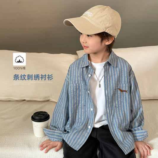 GJ25082704秋季新男童韓版秋裝長袖條紋襯衫童裝衣服兒童中大童