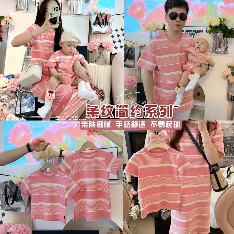 L25041708不一樣親子裝母子夏裝一家三口四口條紋短袖T恤母女洋裝嬰兒潮
