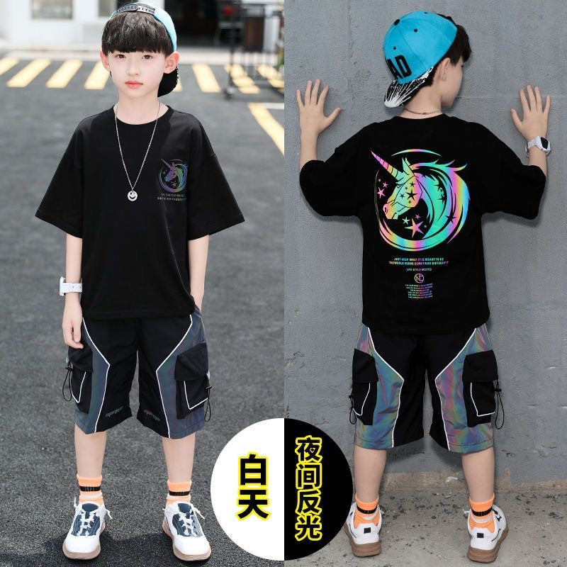 F24050702大童裝男童2024新款童裝反光帥氣酷5-12歲男孩夏季潮流兩件套裝
