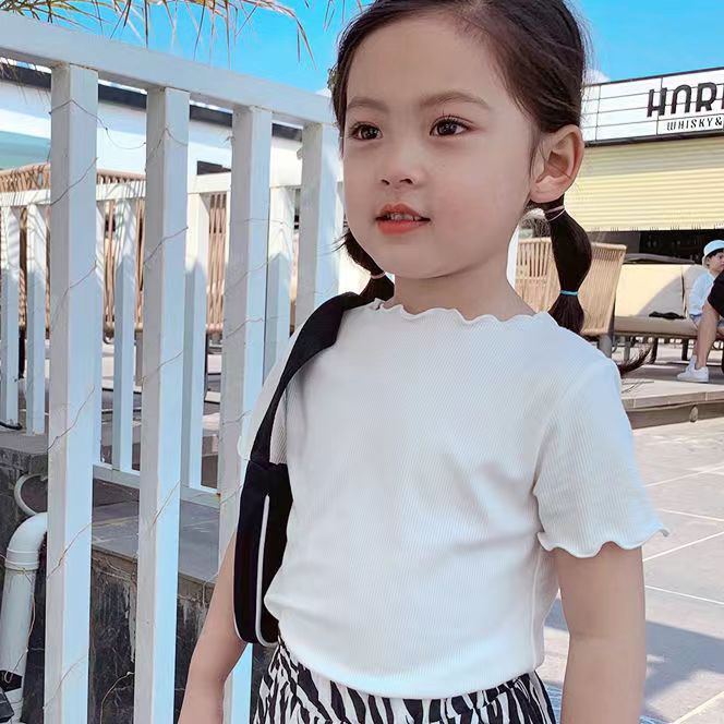 CA23072728新款女童木耳邊夏裝寶寶洋氣打底衫短袖冰絲圓領T恤兒童上衣