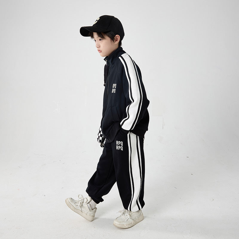 FF24102518新款黑白拼色男童運動衛衣套裝兒童秋裝兩件套(9-12天到貨)