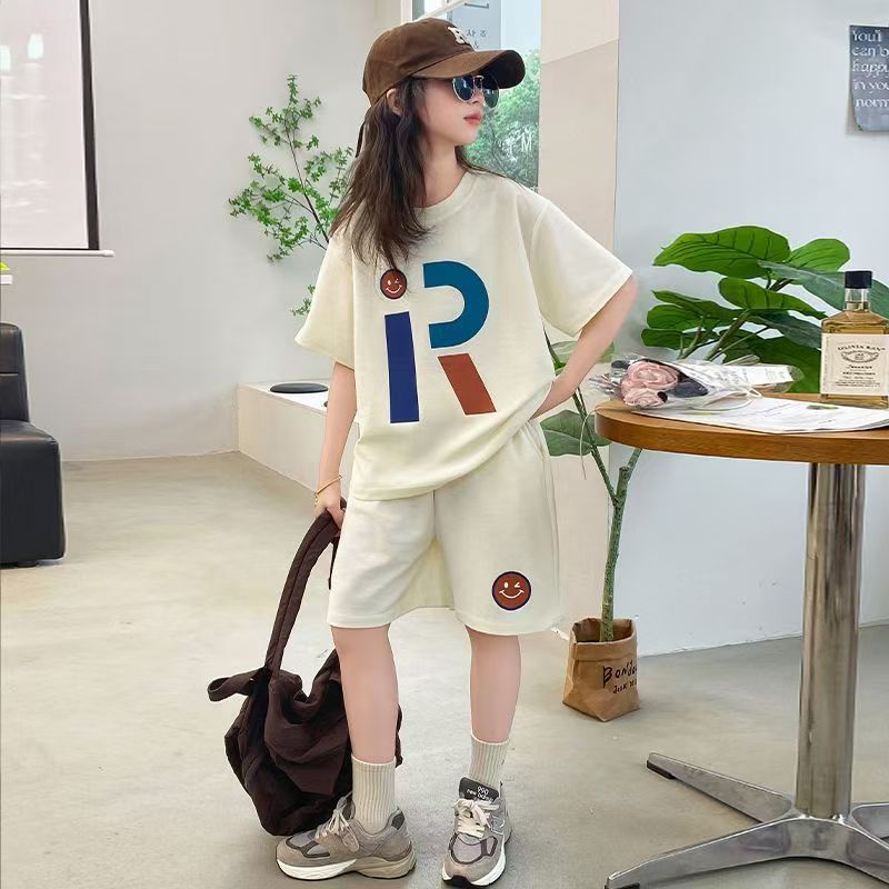 FG25053007短袖短褲套裝夏季兒童大童時尚寬鬆運動短褲兩件套休閒時尚潮流