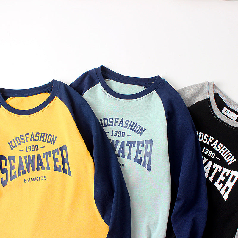 FI25101411春秋韓版新款兒童長袖T恤中大童百搭插肩棉羊絨上衣男童打底衫