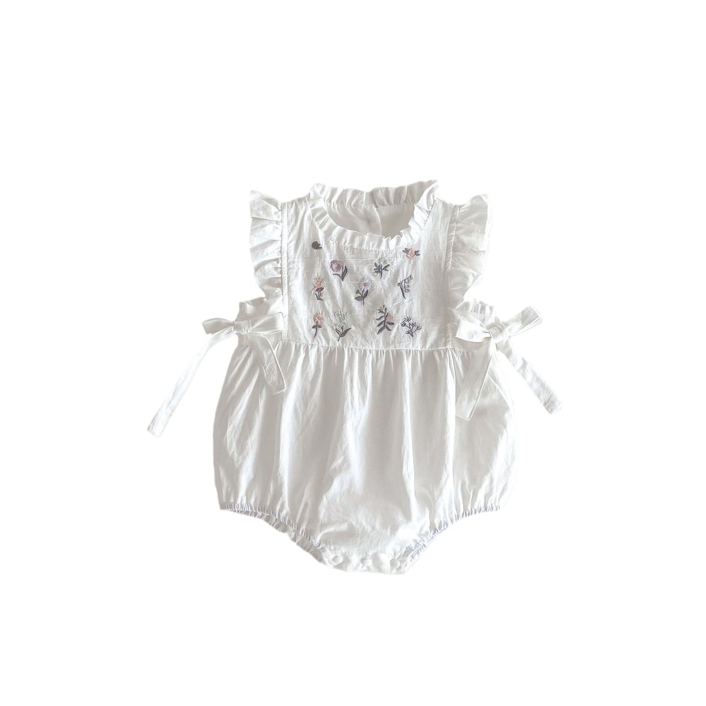 Z25022330款嬰兒夏季刺繡碎花側腰蝴蝶結嬰幼兒哈衣女寶寶無袖薄款爬服