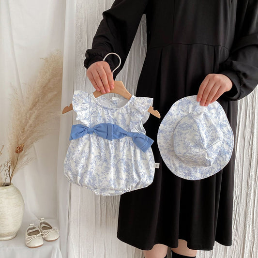 G25051403夏裝嬰兒連身衣女寶寶印花帽滿月百天公主哈衣薄包屁衣服