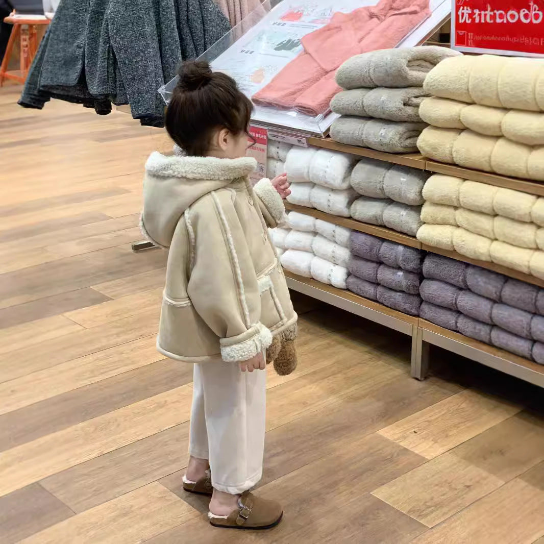 CG25103009女童冬款韓版加厚保暖麂皮絨毛一體連帽大衣羊羔毛內裡裙子