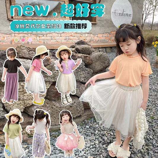 CA25052104夏季新款冰絲莫代爾女童短袖T恤木耳邊純色內搭打底衫兒童服裝潮