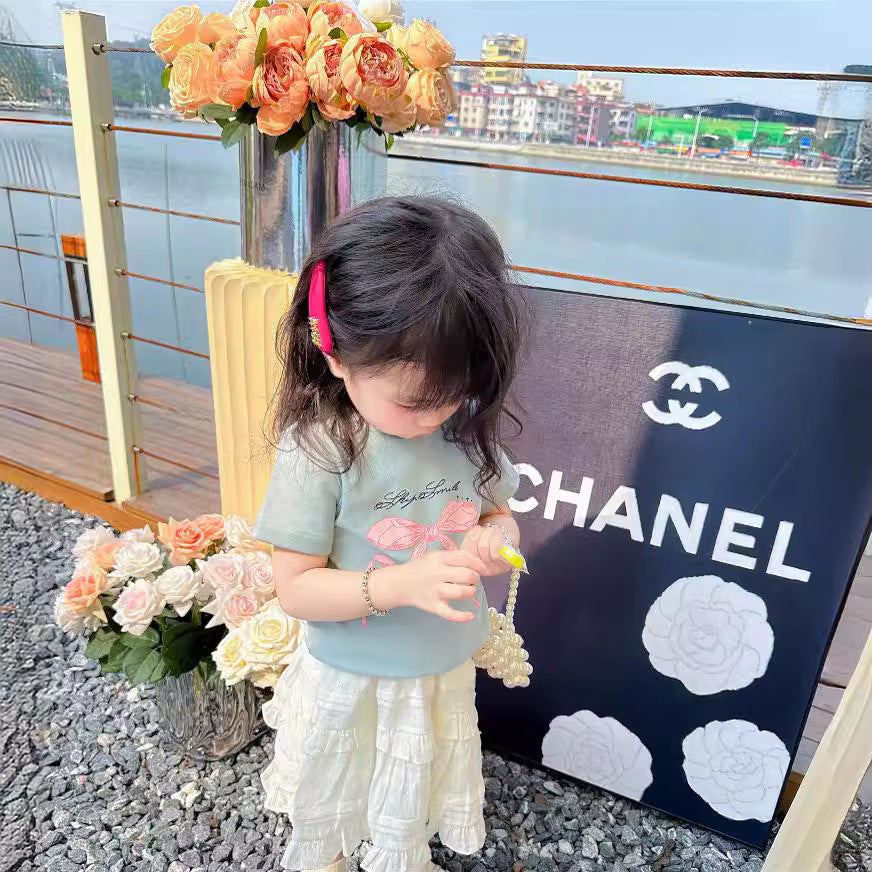 L25041707親子裝2025夏季潮短袖套裝蕾絲短裙幼兒園親子活動家庭裝潮母女裝