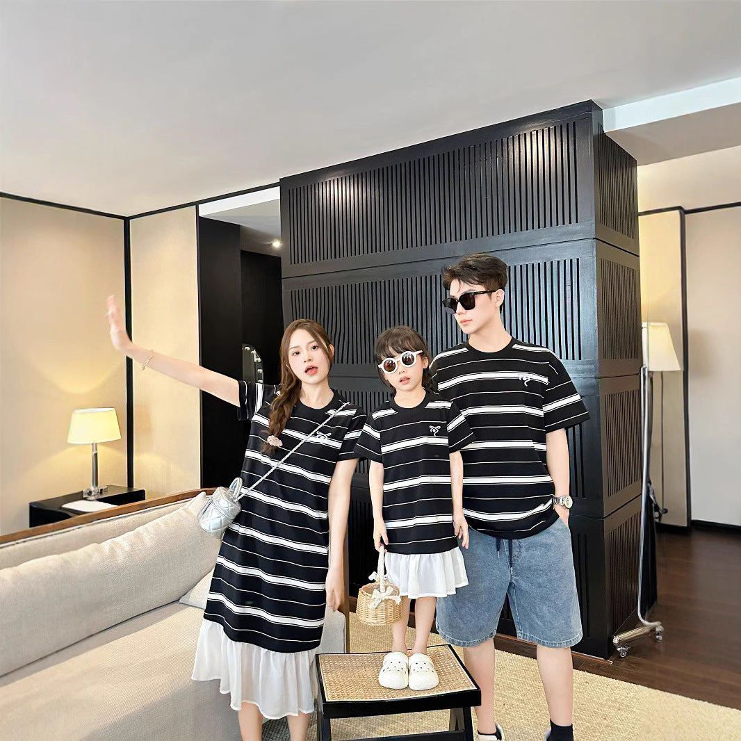 L25041714時尚親子裝夏季2025全新三口條紋嬰兒母女韓系度假休閒家庭裝